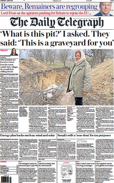 The Daily Telegraph Newspaper Front Page (UK) for 7 April 2022