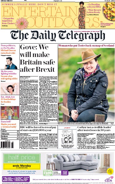 The Daily Telegraph Newspaper Front Page (UK) for 7 May 2016