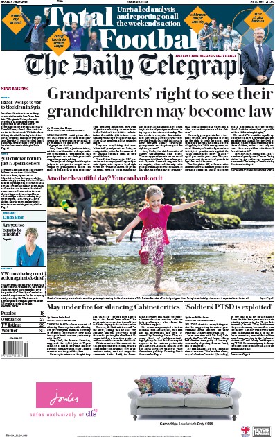 The Daily Telegraph Newspaper Front Page (UK) for 7 May 2018