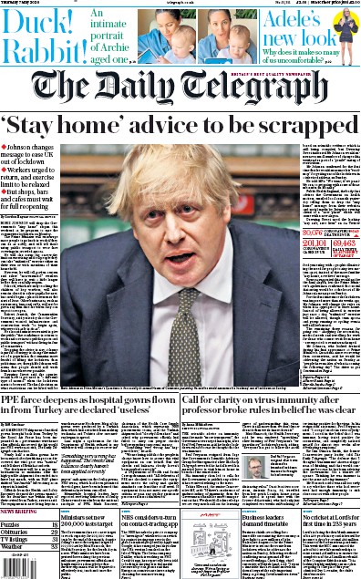 The Daily Telegraph Newspaper Front Page (UK) for 7 May 2020