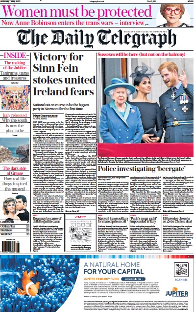 The Daily Telegraph Newspaper Front Page (UK) for 7 May 2022