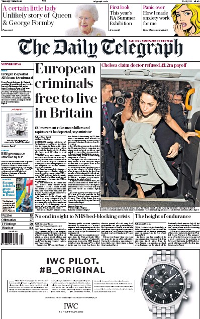 The Daily Telegraph Newspaper Front Page (UK) for 7 June 2016
