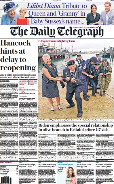 The Daily Telegraph Newspaper Front Page (UK) for 7 June 2021