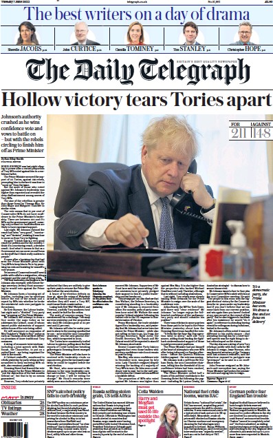 The Daily Telegraph Newspaper Front Page (UK) for 7 June 2022