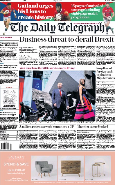 The Daily Telegraph Newspaper Front Page (UK) for 7 July 2017