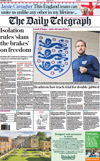 The Daily Telegraph Newspaper Front Page (UK) for 7 July 2021