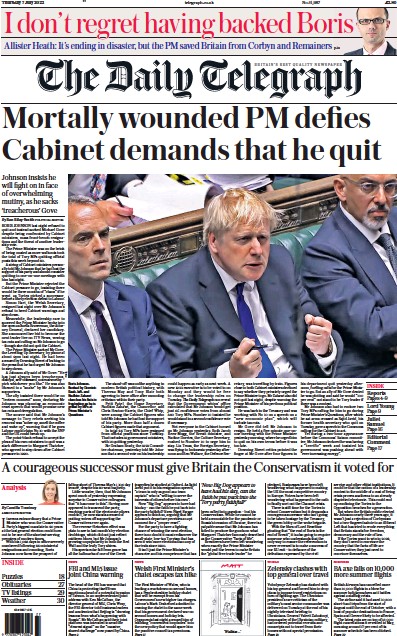 The Daily Telegraph Newspaper Front Page (UK) for 7 July 2022