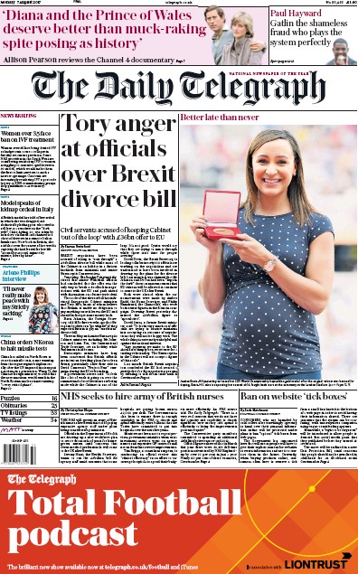 The Daily Telegraph Newspaper Front Page (UK) for 7 August 2017