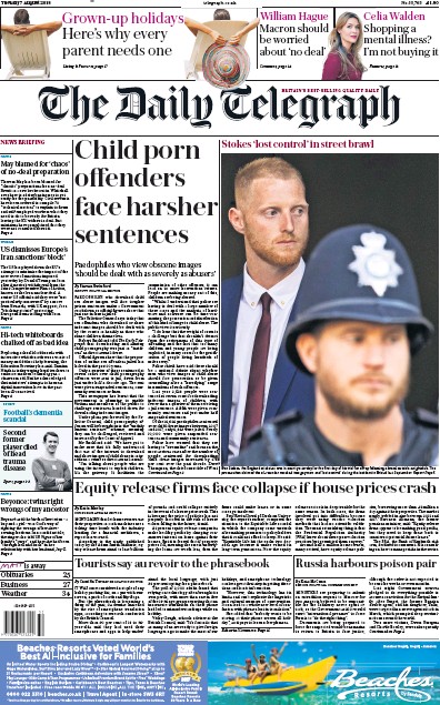 The Daily Telegraph Newspaper Front Page (UK) for 7 August 2018
