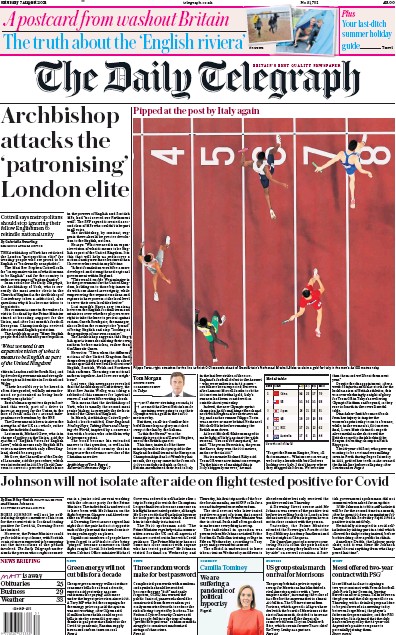 The Daily Telegraph Newspaper Front Page (UK) for 7 August 2021