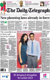The Daily Telegraph Newspaper Front Page (UK) for 7 September 2011