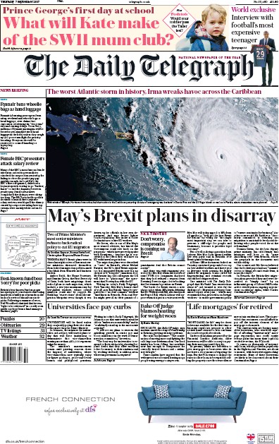 The Daily Telegraph Newspaper Front Page (UK) for 7 September 2017