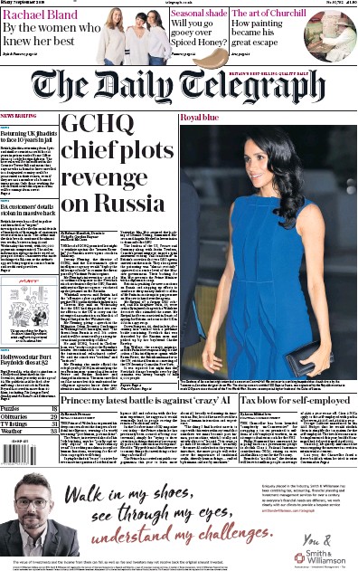 The Daily Telegraph Newspaper Front Page (UK) for 7 September 2018