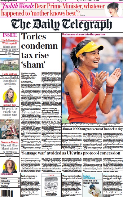 The Daily Telegraph Newspaper Front Page (UK) for 7 September 2021
