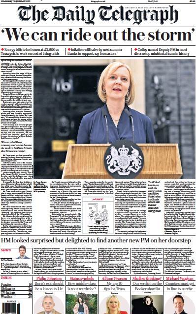 The Daily Telegraph Newspaper Front Page (UK) for 7 September 2022