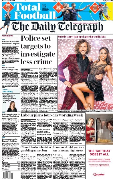 The Daily Telegraph Newspaper Front Page (UK) for 8 October 2018