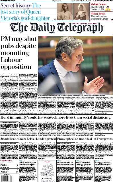 The Daily Telegraph Newspaper Front Page (UK) for 8 October 2020