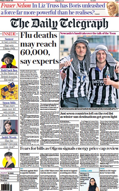 The Daily Telegraph Newspaper Front Page (UK) for 8 October 2021