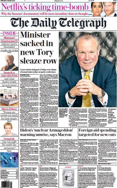 The Daily Telegraph Newspaper Front Page (UK) for 8 October 2022