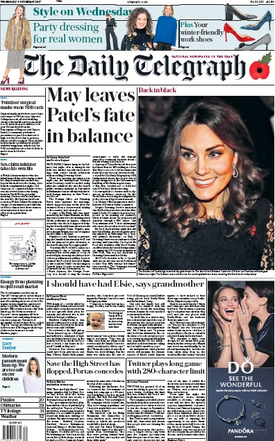 The Daily Telegraph Newspaper Front Page (UK) for 8 November 2017