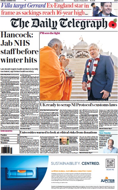 The Daily Telegraph Newspaper Front Page (UK) for 8 November 2021