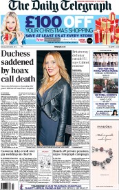 The Daily Telegraph Newspaper Front Page (UK) for 8 December 2012