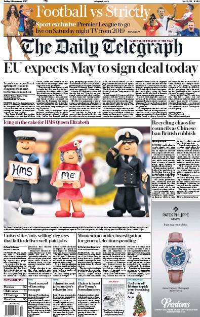 The Daily Telegraph Newspaper Front Page (UK) for 8 December 2017