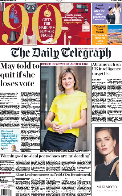 The Daily Telegraph Newspaper Front Page (UK) for 8 December 2018