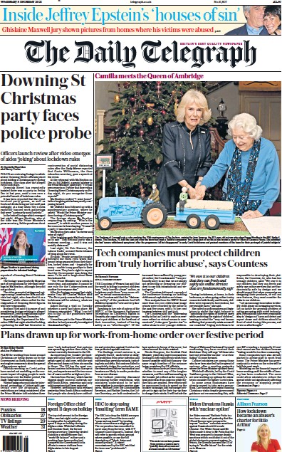 The Daily Telegraph Newspaper Front Page (UK) for 8 December 2021
