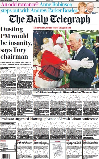 The Daily Telegraph Newspaper Front Page (UK) for 8 December 2023