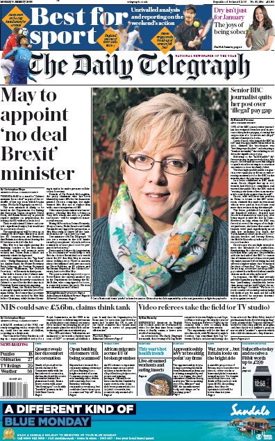 The Daily Telegraph Newspaper Front Page (UK) for 8 January 2018