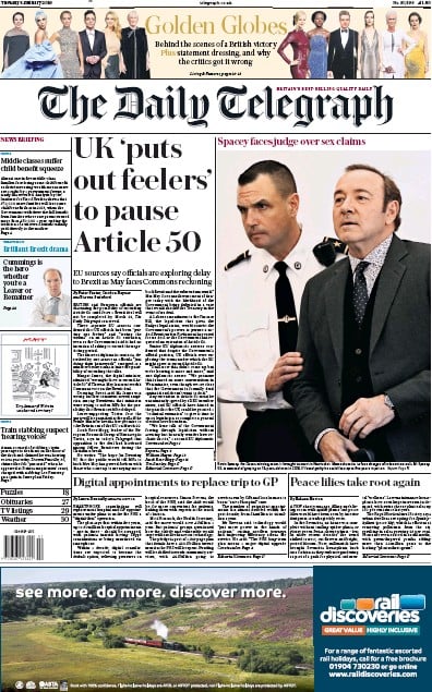The Daily Telegraph Newspaper Front Page (UK) for 8 January 2019
