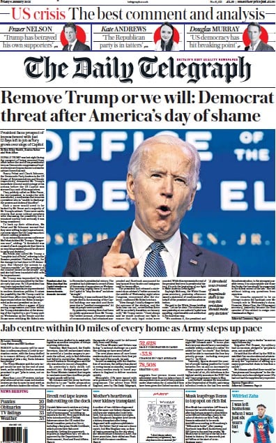 The Daily Telegraph Newspaper Front Page (UK) for 8 January 2021