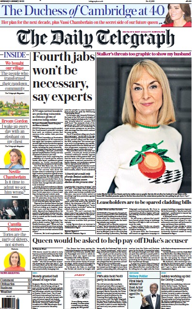 The Daily Telegraph Newspaper Front Page (UK) for 8 January 2022