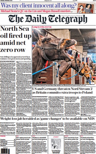 The Daily Telegraph Newspaper Front Page (UK) for 8 February 2022