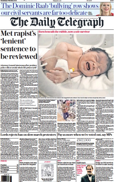 The Daily Telegraph Newspaper Front Page (UK) for 8 February 2023
