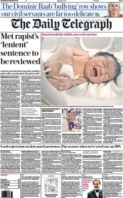 The Daily Telegraph Newspaper Front Page (UK) for 8 February 2023