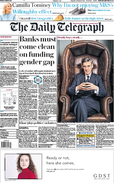 The Daily Telegraph Newspaper Front Page (UK) for 8 March 2019