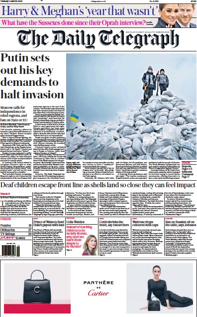 The Daily Telegraph Newspaper Front Page (UK) for 8 March 2022