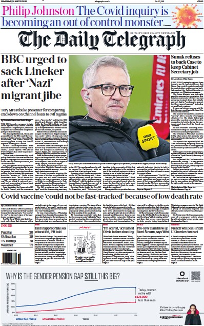 The Daily Telegraph Newspaper Front Page (UK) for 8 March 2023