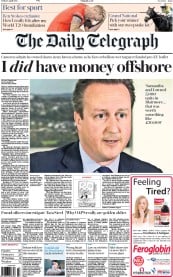 The Daily Telegraph (UK) Newspaper Front Page for 8 April 2016