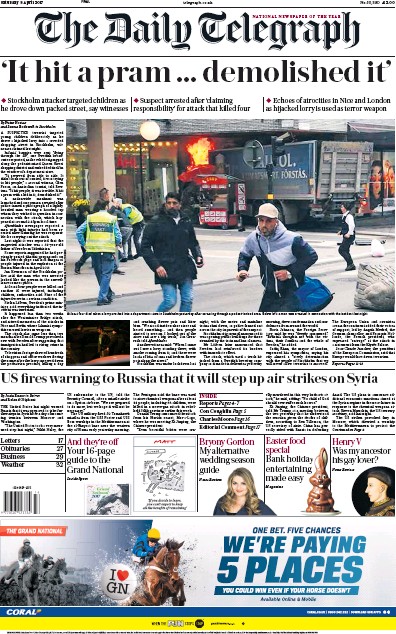 The Daily Telegraph Newspaper Front Page (UK) for 8 April 2017