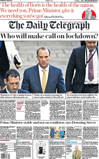 The Daily Telegraph Newspaper Front Page (UK) for 8 April 2020