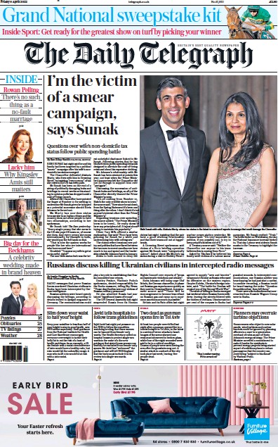 The Daily Telegraph Newspaper Front Page (UK) for 8 April 2022