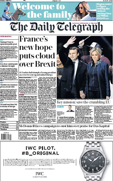 The Daily Telegraph Newspaper Front Page (UK) for 8 May 2017