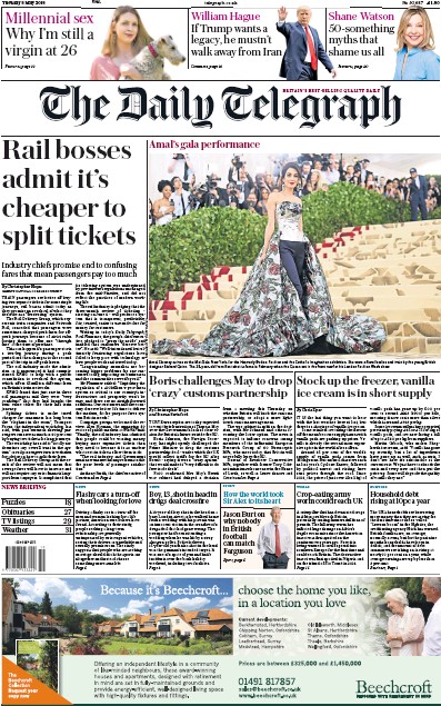 The Daily Telegraph Newspaper Front Page (UK) for 8 May 2018
