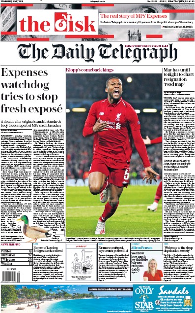 The Daily Telegraph Newspaper Front Page (UK) for 8 May 2019