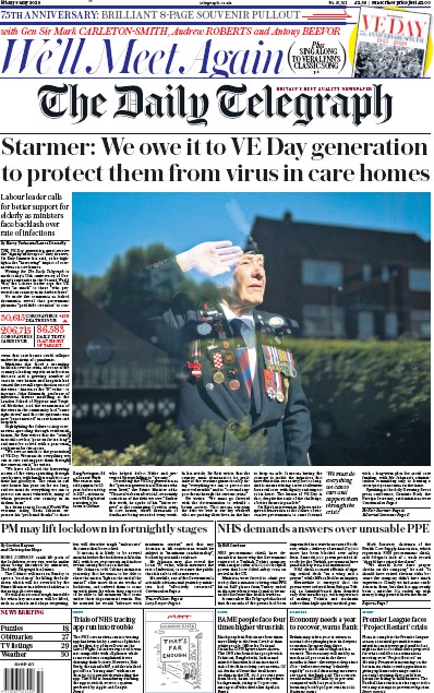 The Daily Telegraph Newspaper Front Page (UK) for 8 May 2020