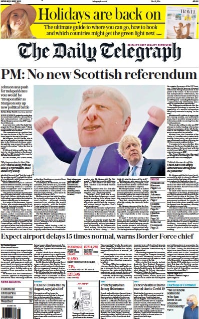 The Daily Telegraph Newspaper Front Page (UK) for 8 May 2021