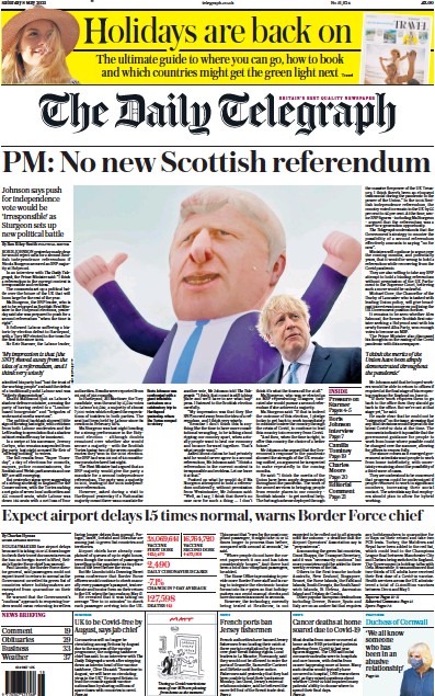 The Daily Telegraph Newspaper Front Page (UK) for 8 May 2021